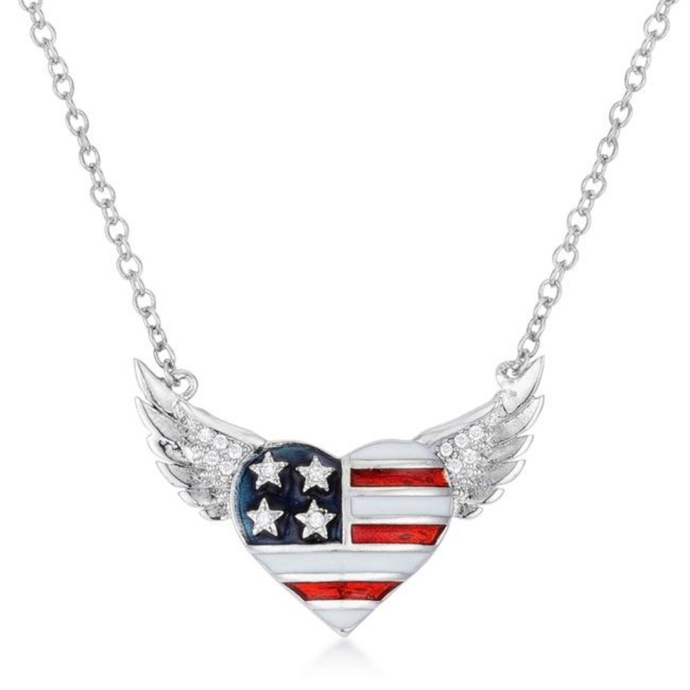 .14 Ct Patriotic Winged Heart Necklace with CZ Acc